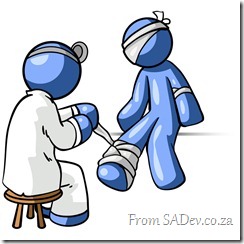 Blue Male Doctor In A Lab Coat, Sitting On A Stool And Bandaging A Blue Person That Has Been Hurt On The Head, Arm And Ankle Clipart Graphic