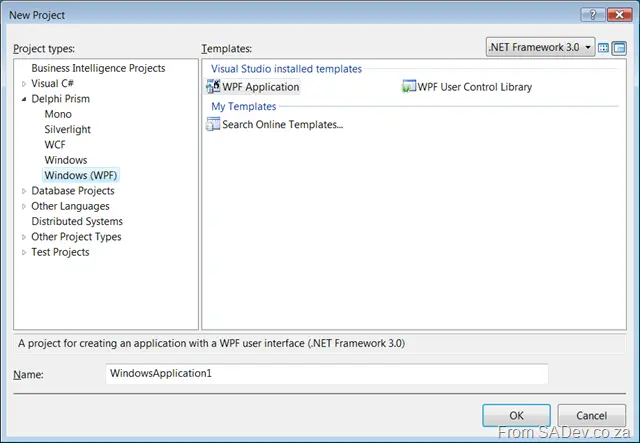 New project dialog for WPF