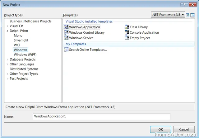 New project dialog for Windows