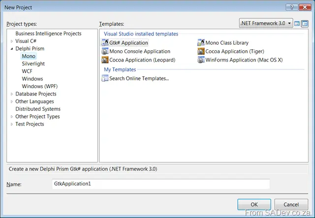 New project dialog for Mono