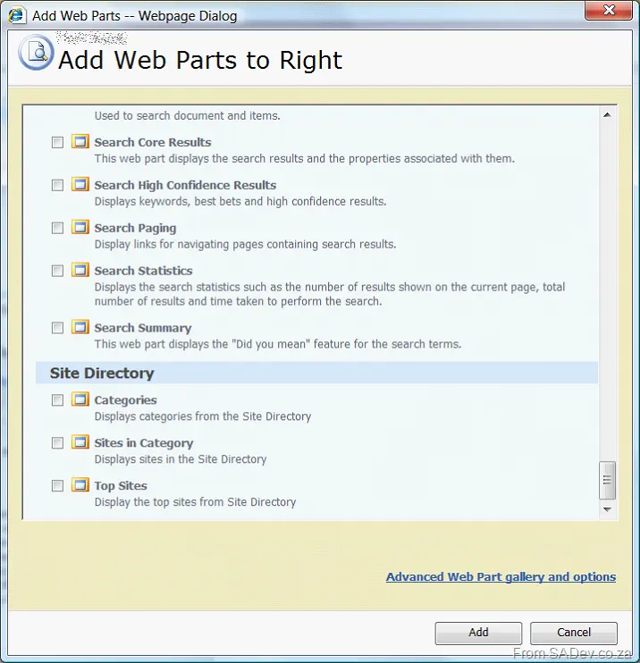 Add webparts dialog